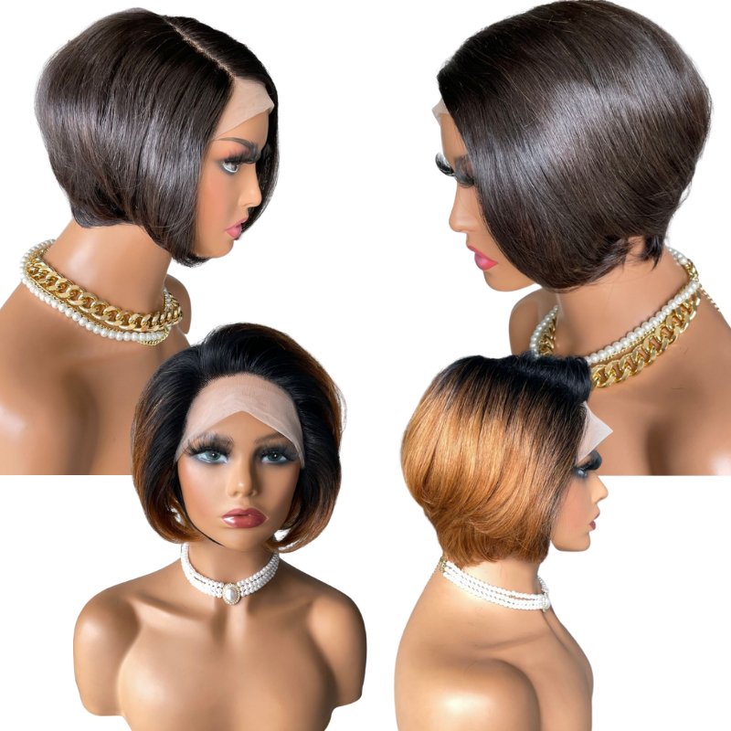 Ombre Short Bob Pixie Cut 13x4x1 T Lace Front Straight Human Hair Wigs - Inspiren-Ezone