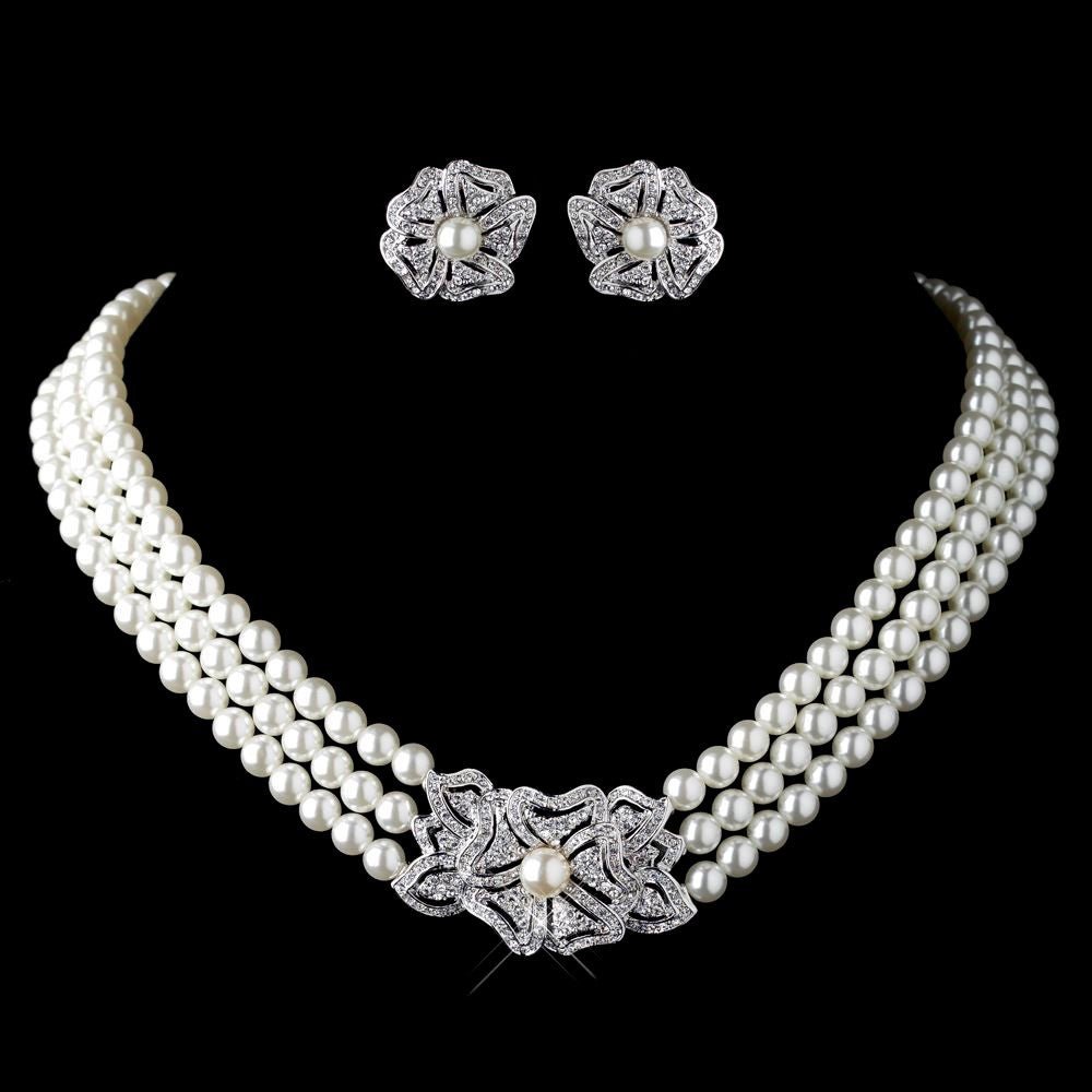 Pearl Rhinestone Necklace Earrings Jewelry Set - Inspiren-Ezone