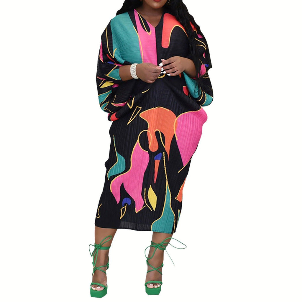 Plus Size Women's Amoi Pleated Positioning Printed Batwing Sleeve Dress - Inspiren-Ezone