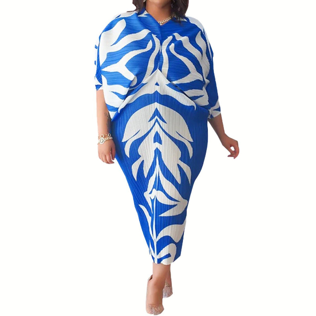 Plus Size Women's Amoi Pleated Positioning Printed Batwing Sleeve Dress - Inspiren-Ezone