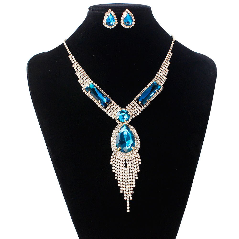 S151 fashion bridal jewelry set, tassel diamond, colorful micro wedding jewelry, necklace, earring set - Inspiren-Ezone