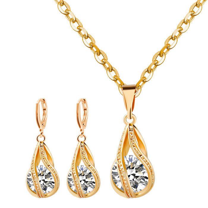 S163 Korean simple zircon jewelry set Silver Drop Necklace Earrings set new bride wedding - Inspiren-Ezone
