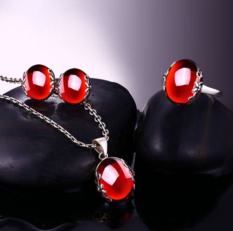 S925 sterling silver jewelry set retro gorgeous red zircon bridal jewelry, high-end fashion silver - Inspiren-Ezone