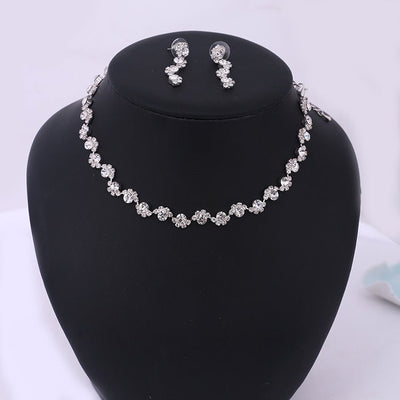 Simple diamond earrings necklace set bride Korean party dress wedding jewelry accessories - Inspiren-Ezone