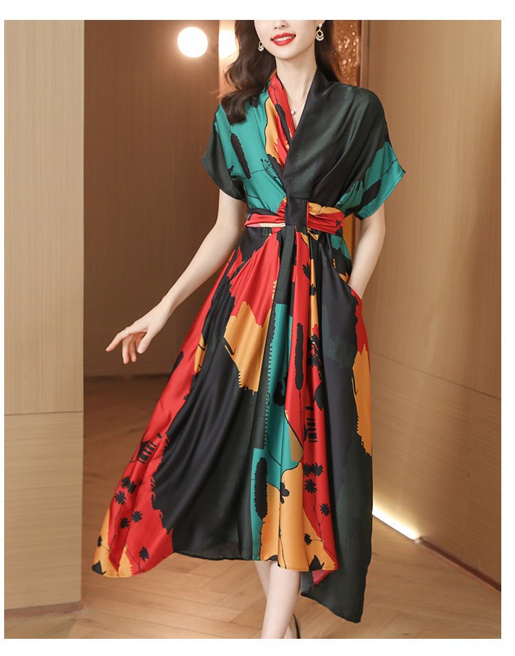 Simple Women's Clothing Short Sleeve Printed Large Swing Dress - Inspiren-Ezone