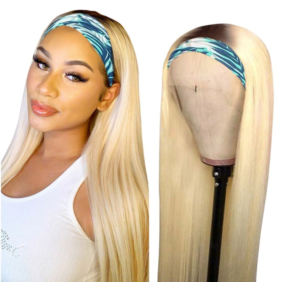 Straight 1B/613 Headband Human Hair Wigs For Black Women Blonde Scarf - Inspiren-Ezone