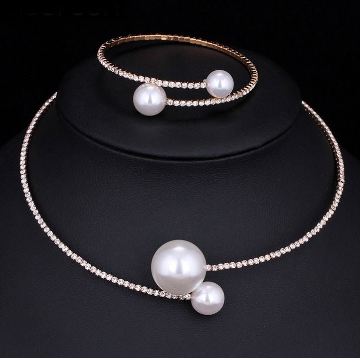 The bride wedding accessories crystal pearl diamond drill collar Necklace Bracelet Adjustable two piece suit - Inspiren-Ezone