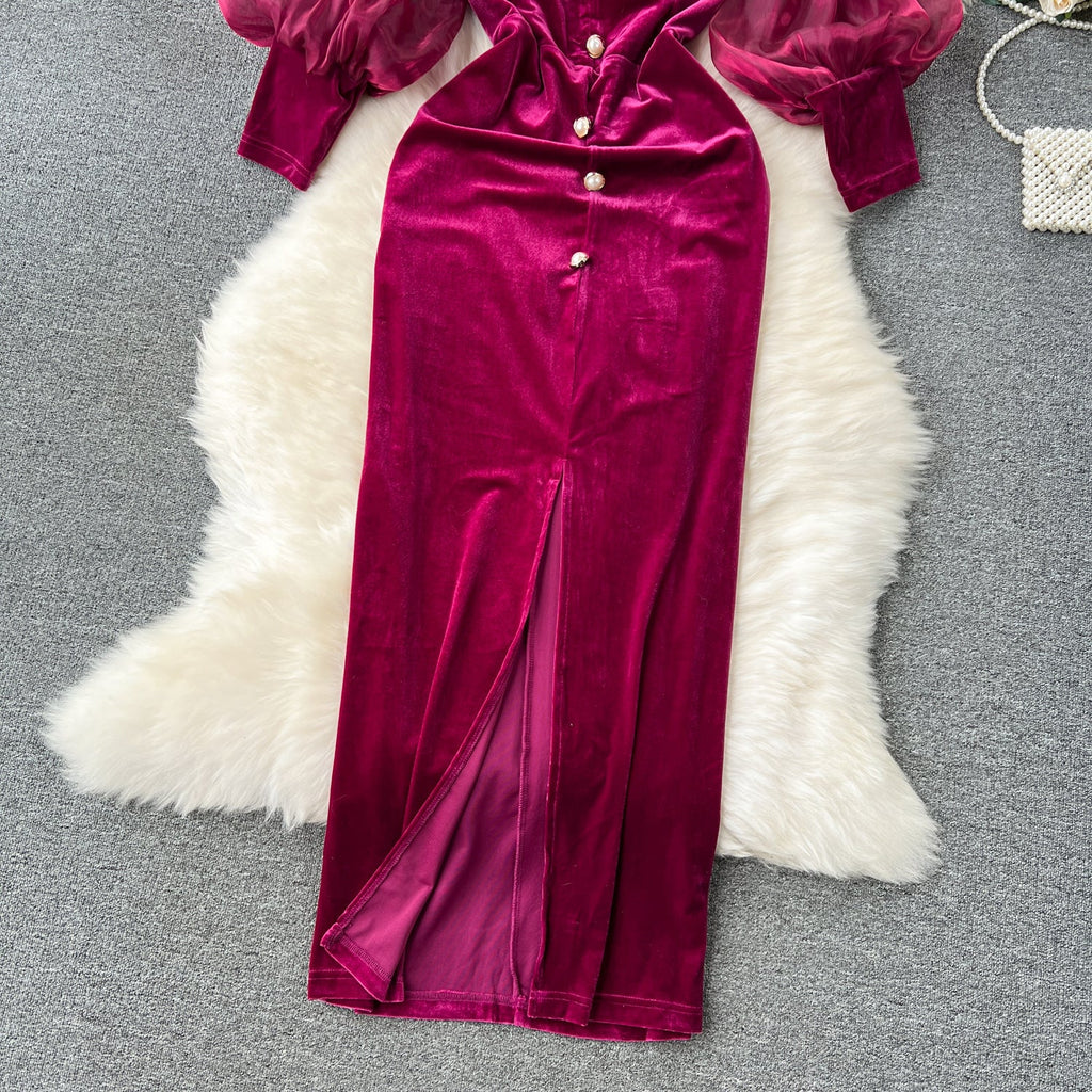 Vintage Velvet Dress High-end Affordable Luxury Niche Lantern Sleeve Slim Mid-length Split Knee-length Court Style Dress - Inspiren-Ezone