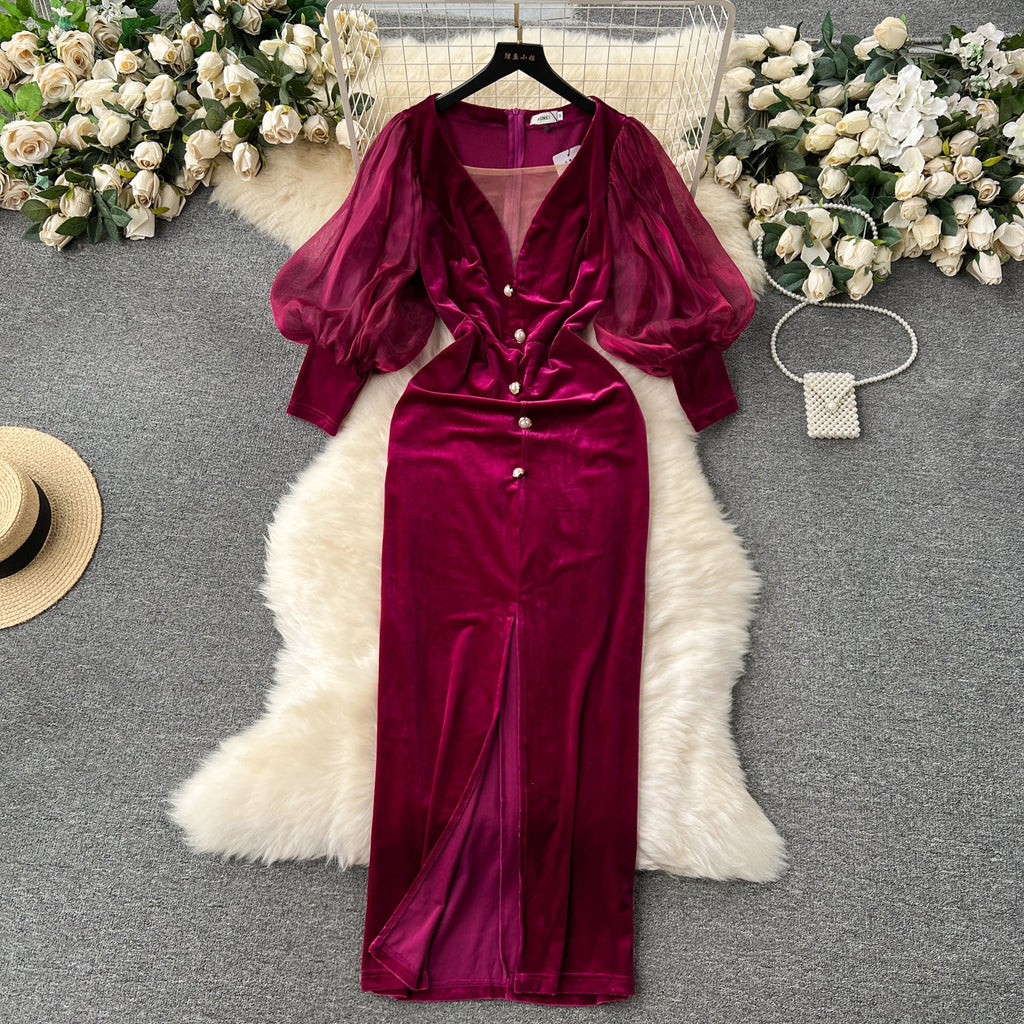 Vintage Velvet Dress High-end Affordable Luxury Niche Lantern Sleeve Slim Mid-length Split Knee-length Court Style Dress - Inspiren-Ezone
