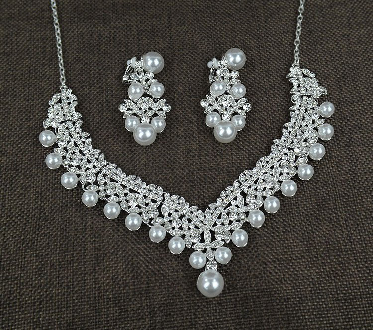 White pearl necklace diamond suit bride wedding accessories hair earrings set 0284 - Inspiren-Ezone