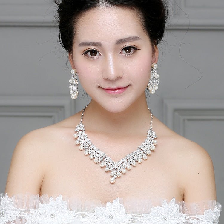 White pearl necklace diamond suit bride wedding accessories hair earrings set 0284 - Inspiren-Ezone