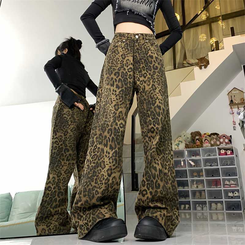 Women's American-style Vintage Leopard Print Wide-leg Jeans - Inspiren-Ezone