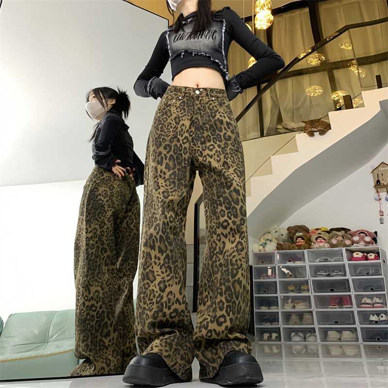 Women's American-style Vintage Leopard Print Wide-leg Jeans - Inspiren-Ezone