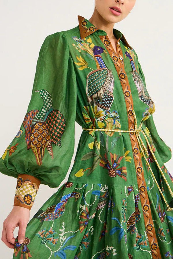 Women's Printed Cardigan Wide Hem Long Sleeve Dress - Inspiren-Ezone