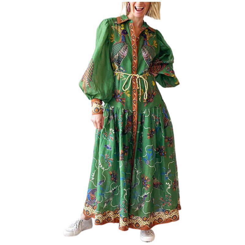 Women's Printed Cardigan Wide Hem Long Sleeve Dress - Inspiren-Ezone