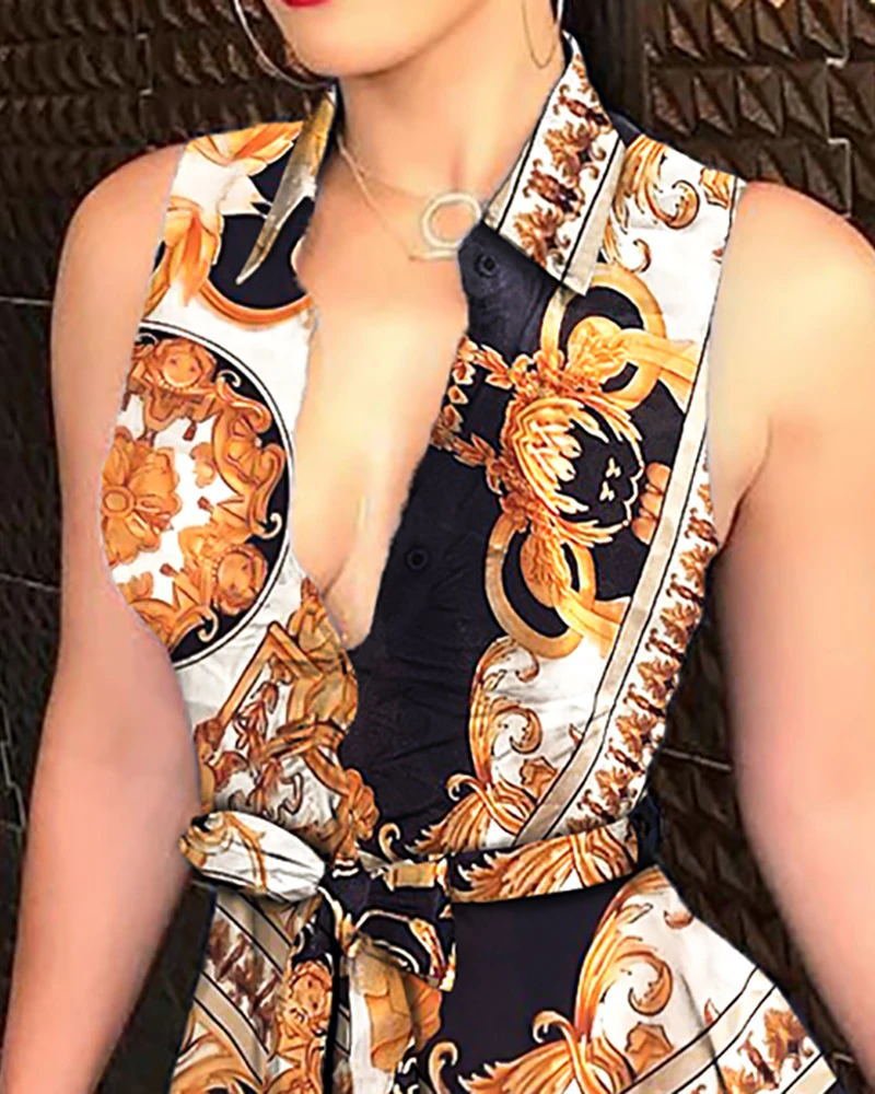 Women's V-neck printed dress with dress - Inspiren-Ezone