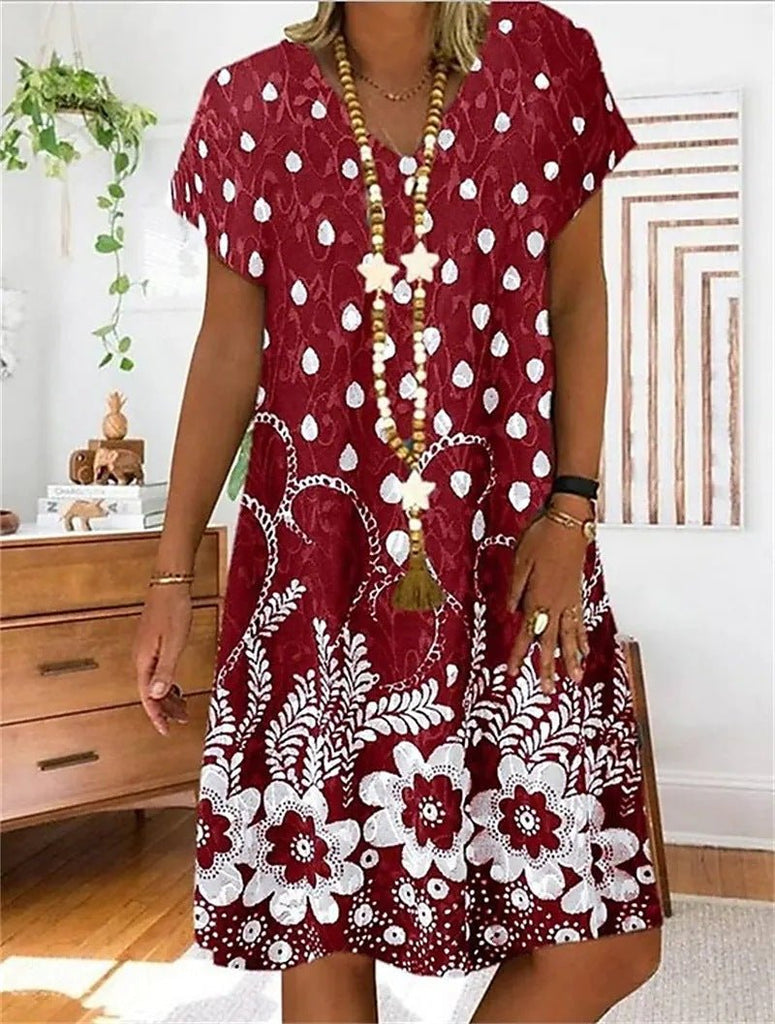 Women's V-neck Printed Short Sleeve Dress - Inspiren-Ezone
